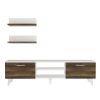 59 Inch Wood TV Console Entertainment Center; 2 Drop Down Doors; 2 Wall Shelves; Walnut; White