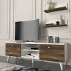 59 Inch Wood TV Console Entertainment Center; 2 Drop Down Doors; 2 Wall Shelves; Walnut; White