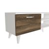 59 Inch Wood TV Console Entertainment Center; 2 Drop Down Doors; 2 Wall Shelves; Walnut; White