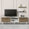 59 Inch Wood TV Console Entertainment Center; 2 Drop Down Doors; 2 Wall Shelves; Walnut; White