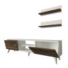 59 Inch Wood TV Console Entertainment Center; 2 Drop Down Doors; 2 Wall Shelves; Walnut; White