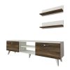 59 Inch Wood TV Console Entertainment Center; 2 Drop Down Doors; 2 Wall Shelves; Walnut; White