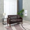 Brown PU Leather Sponge Sofa, ,Removable Wooden Feet ,Tufted Buttons