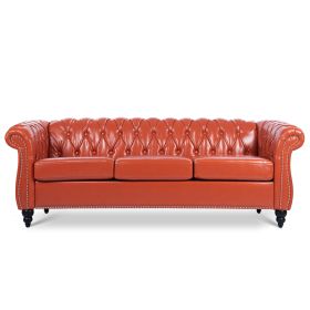 84.65" Rolled Arm Chesterfield 3 Seater Sofa. (Color: Orange)