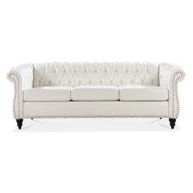 84.65" Rolled Arm Chesterfield 3 Seater Sofa. (Color: White)