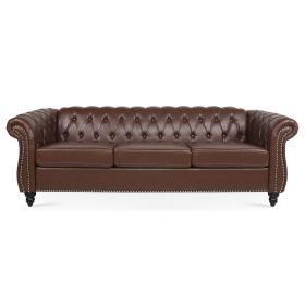 84.65" Rolled Arm Chesterfield 3 Seater Sofa. (Color: Dark Brown)