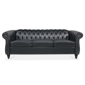84.65" Rolled Arm Chesterfield 3 Seater Sofa. (Color: Black)