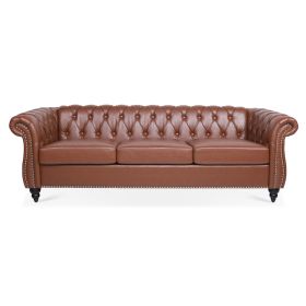84.65" Rolled Arm Chesterfield 3 Seater Sofa. (Color: brown)