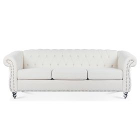 84.65" Rolled Arm Chesterfield 3 Seater Sofa. (Color: White + Polyester)