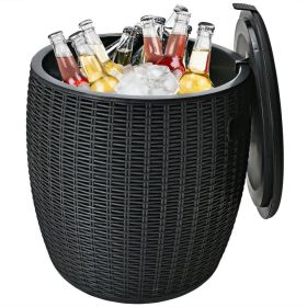 Patio Rattan Cool Bar 12 Gallon 4-in-1 Cocktail Table Side Table (Color: Black)