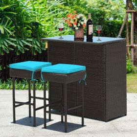 3 Pieces Patio Rattan Wicker Bar Table Stools Dining Set (Color: Turquoise)